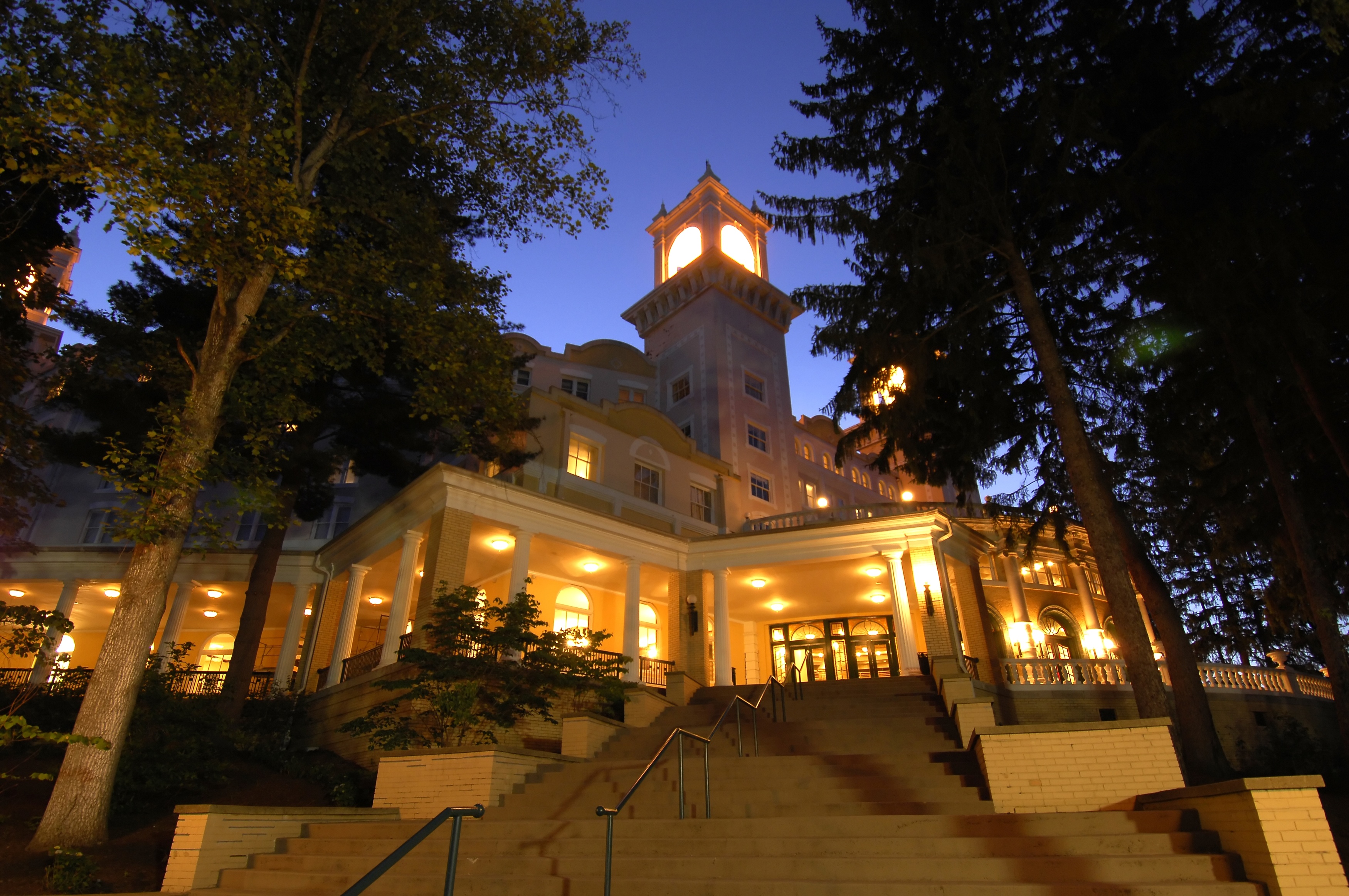 a building with a tower and stairs