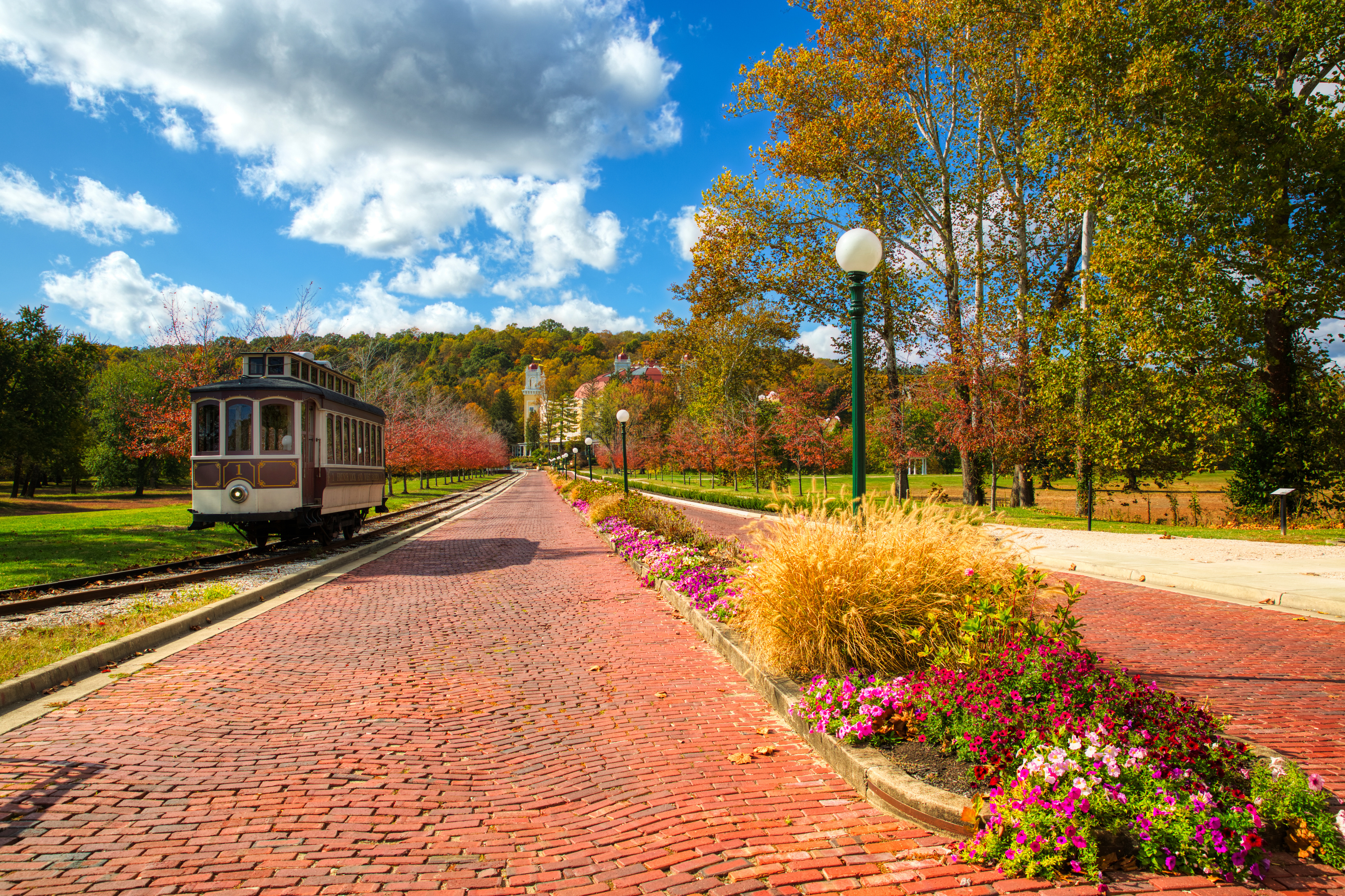 a train on a brick road