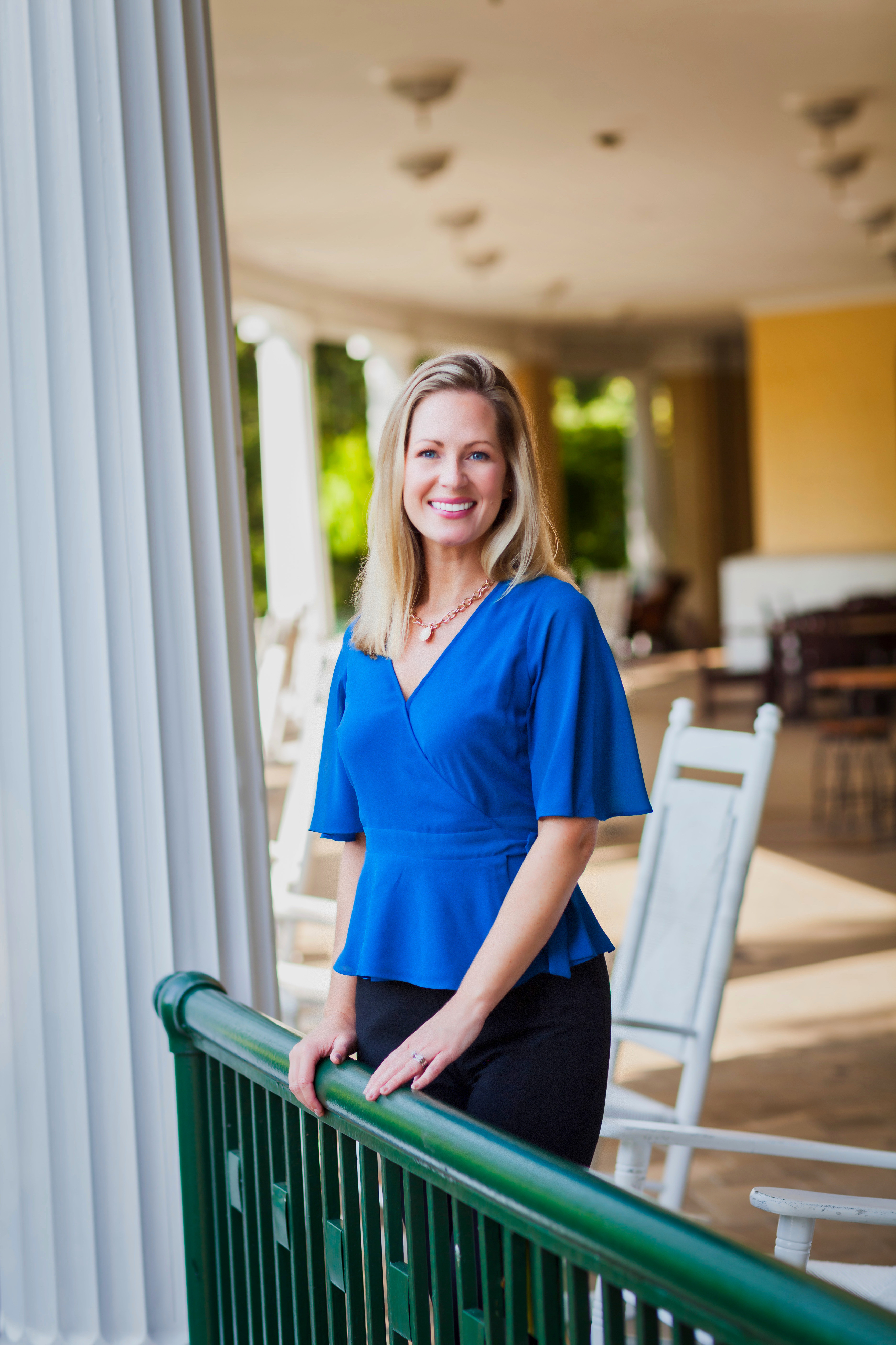 a woman in a blue shirt