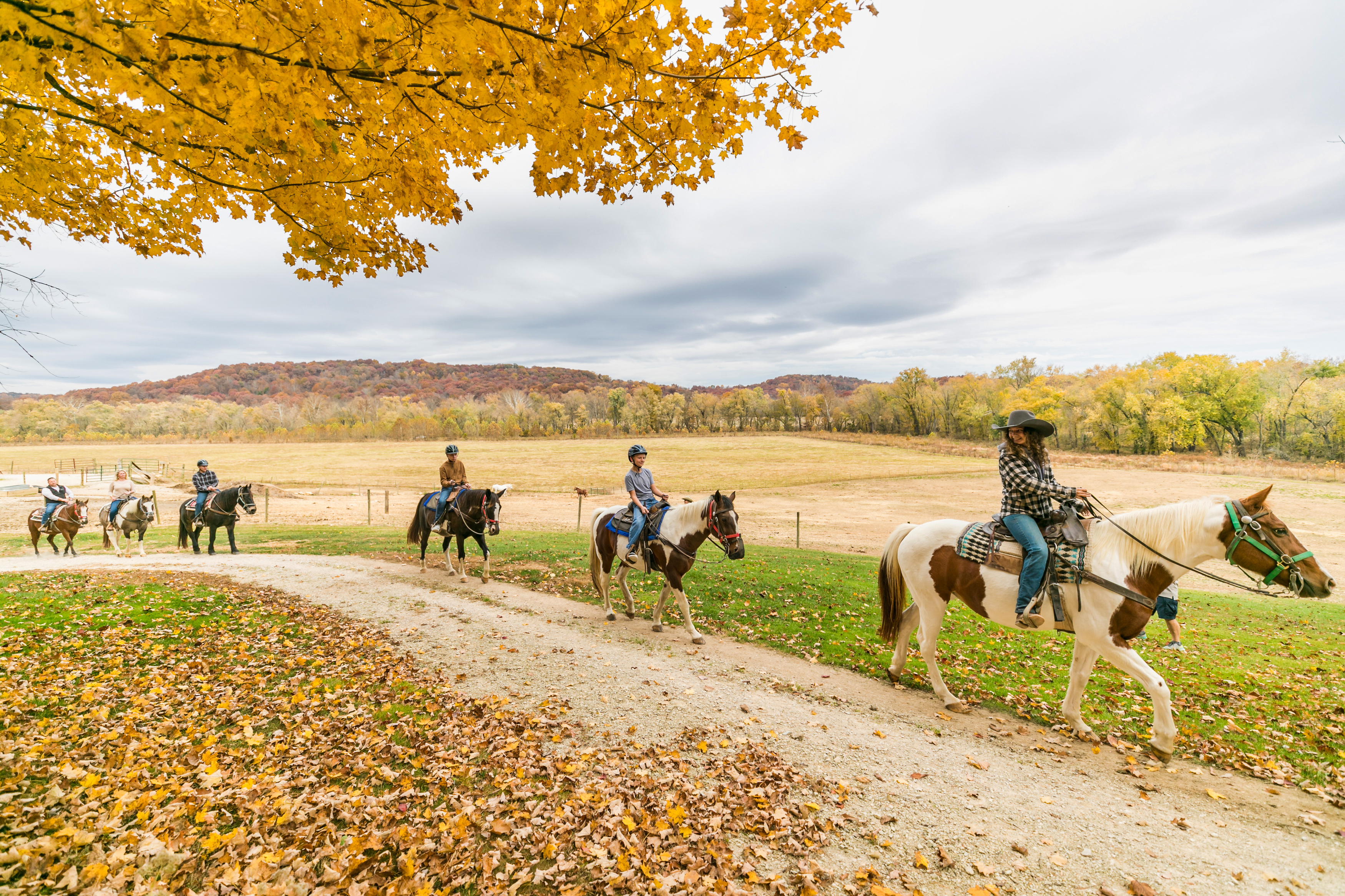 a group of people riding horses on a path