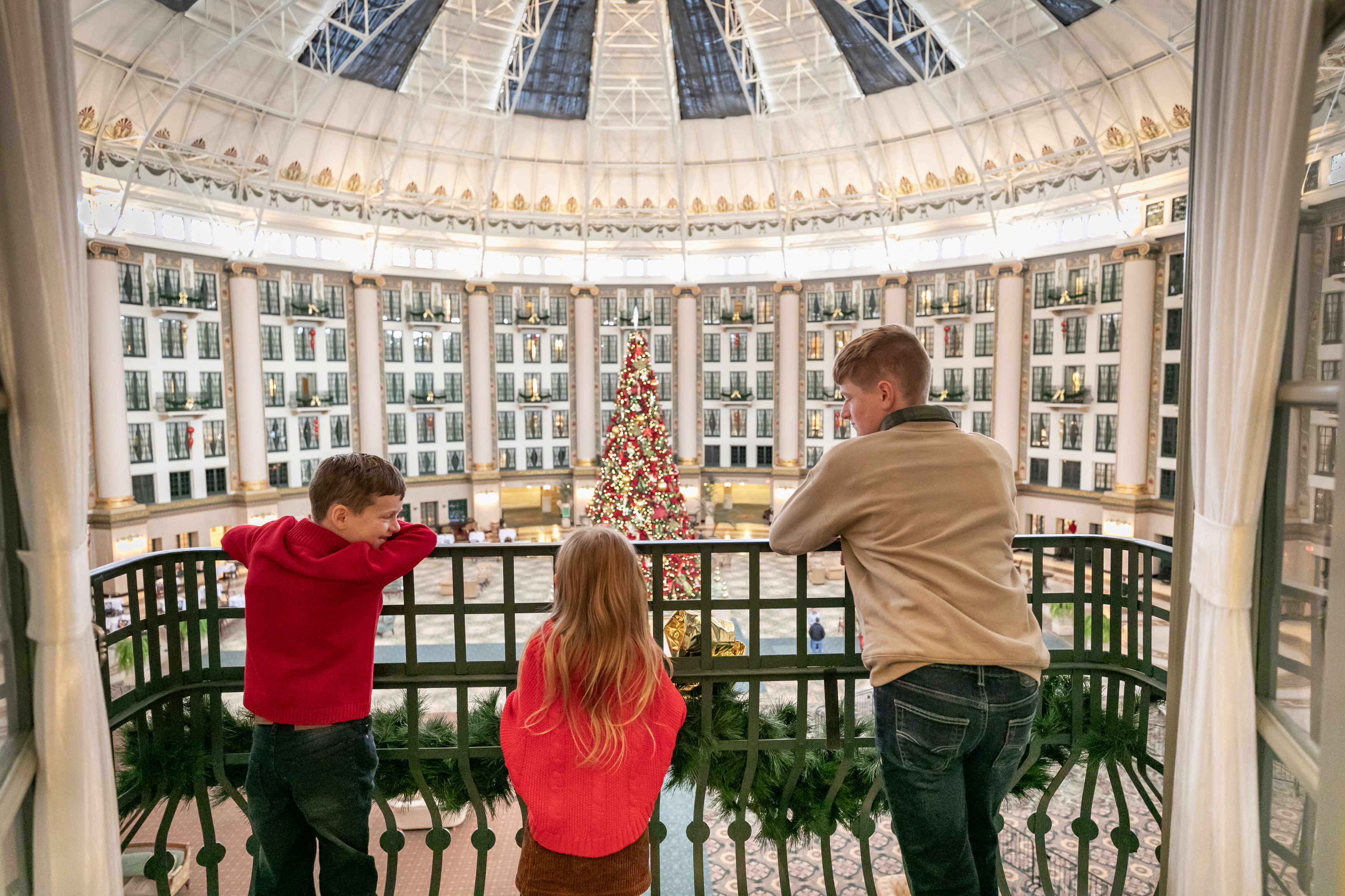 a group of kids looking at a christmas tree