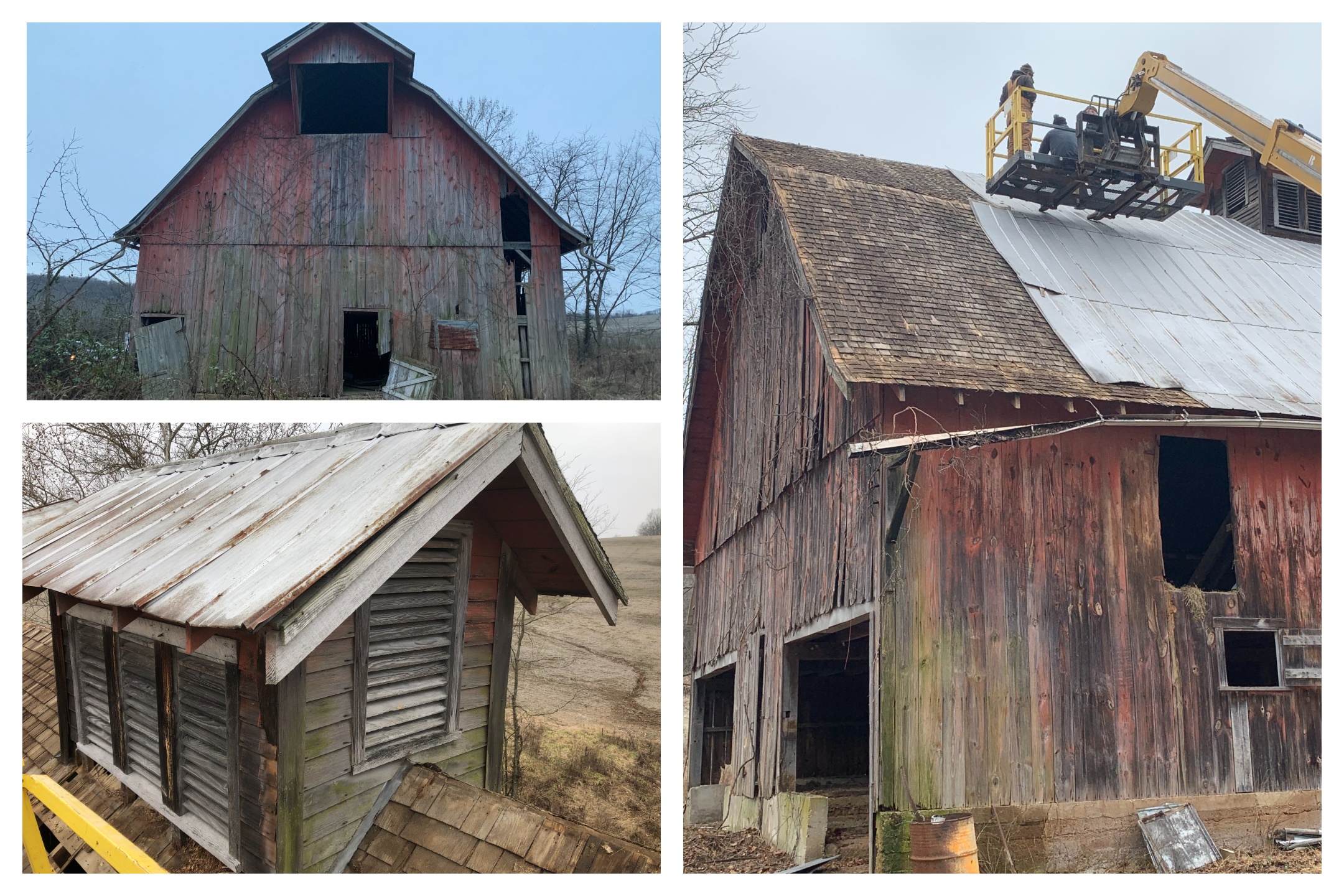 a barn with a tractor on top