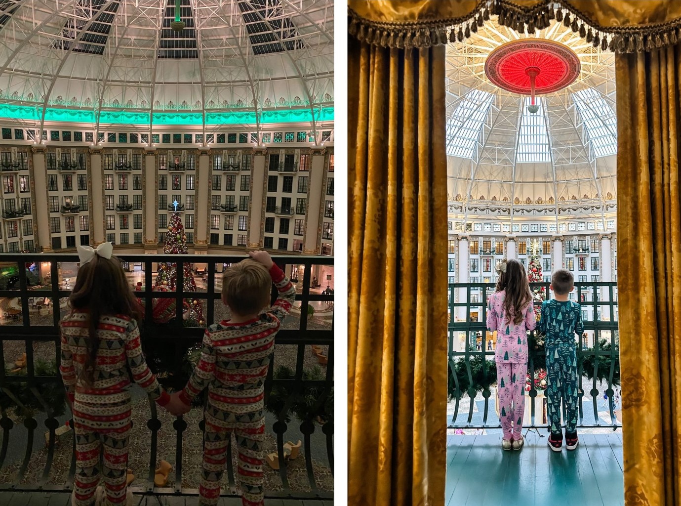 a collage of kids in pajamas looking at a christmas tree