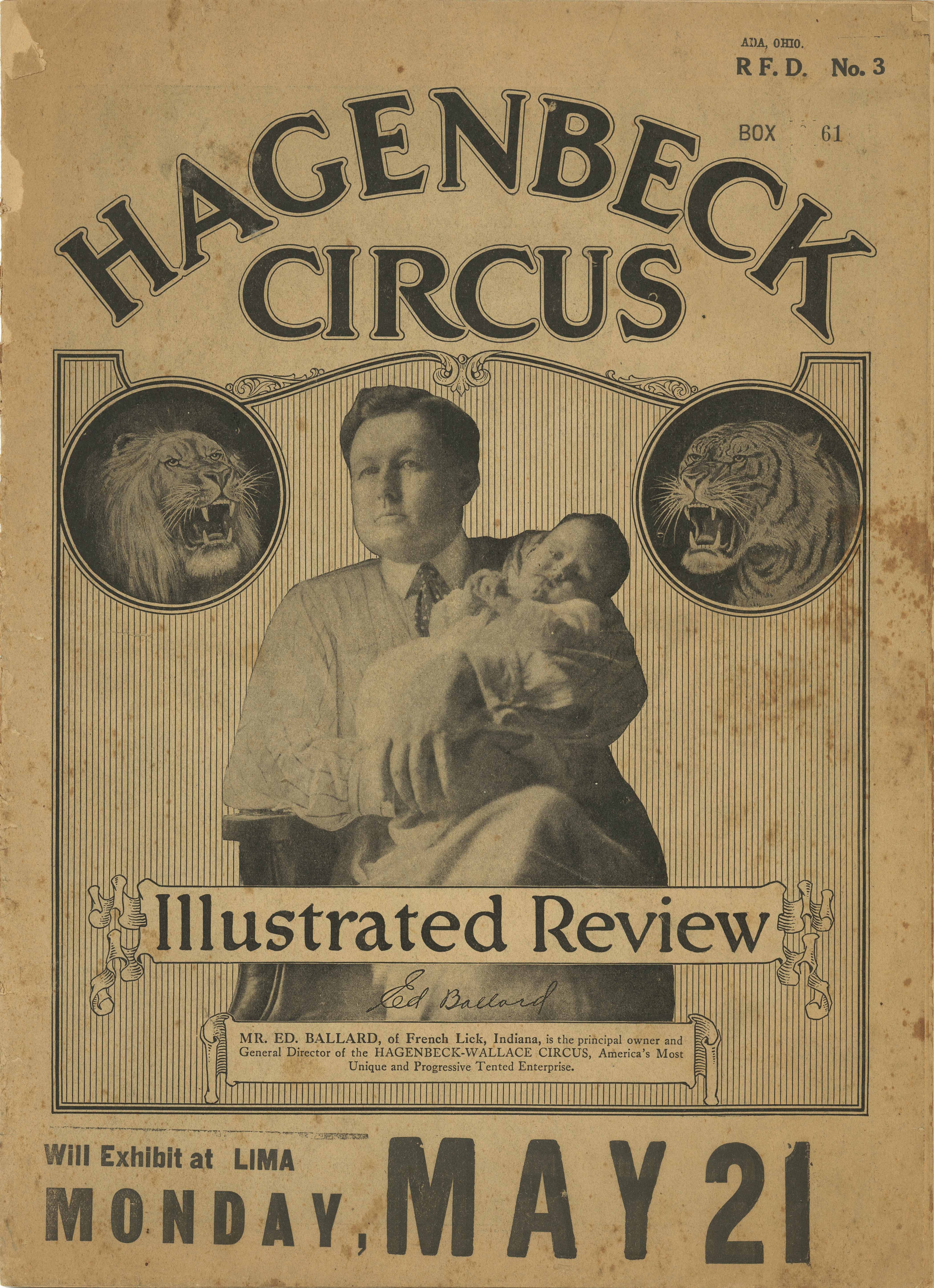 a circus magazine cover with a man holding a baby