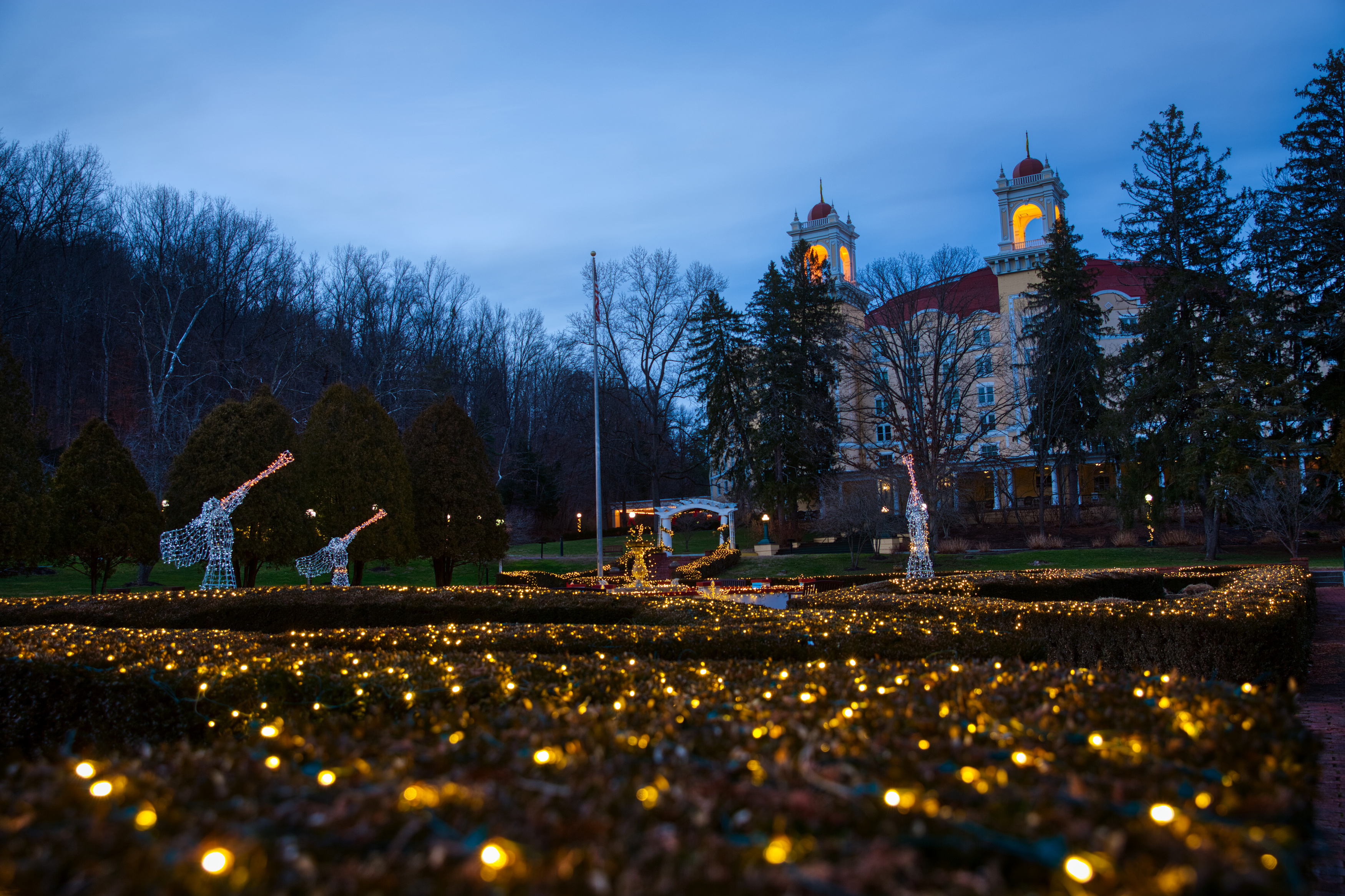 a large building with trees and lights